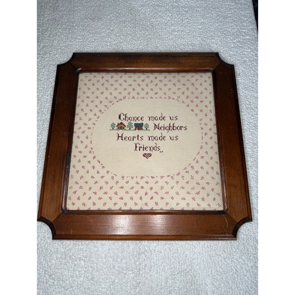 Vintage Framed Cross Stitch Neighbors Hearts Friends Wall Art Wood Frame 14.5"